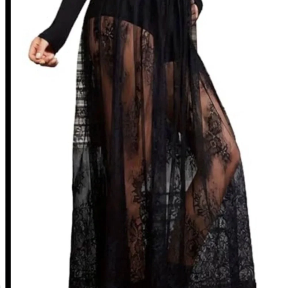 Sheer Lace Maxi Skirt High Waist A-Line Flowy Mesh Long Skirt